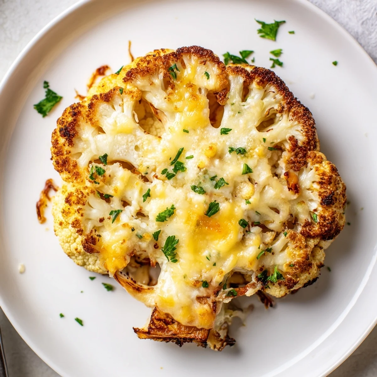 Cheesy Cauliflower Steaks with golden, bubbly cheese crust and parsley garnish