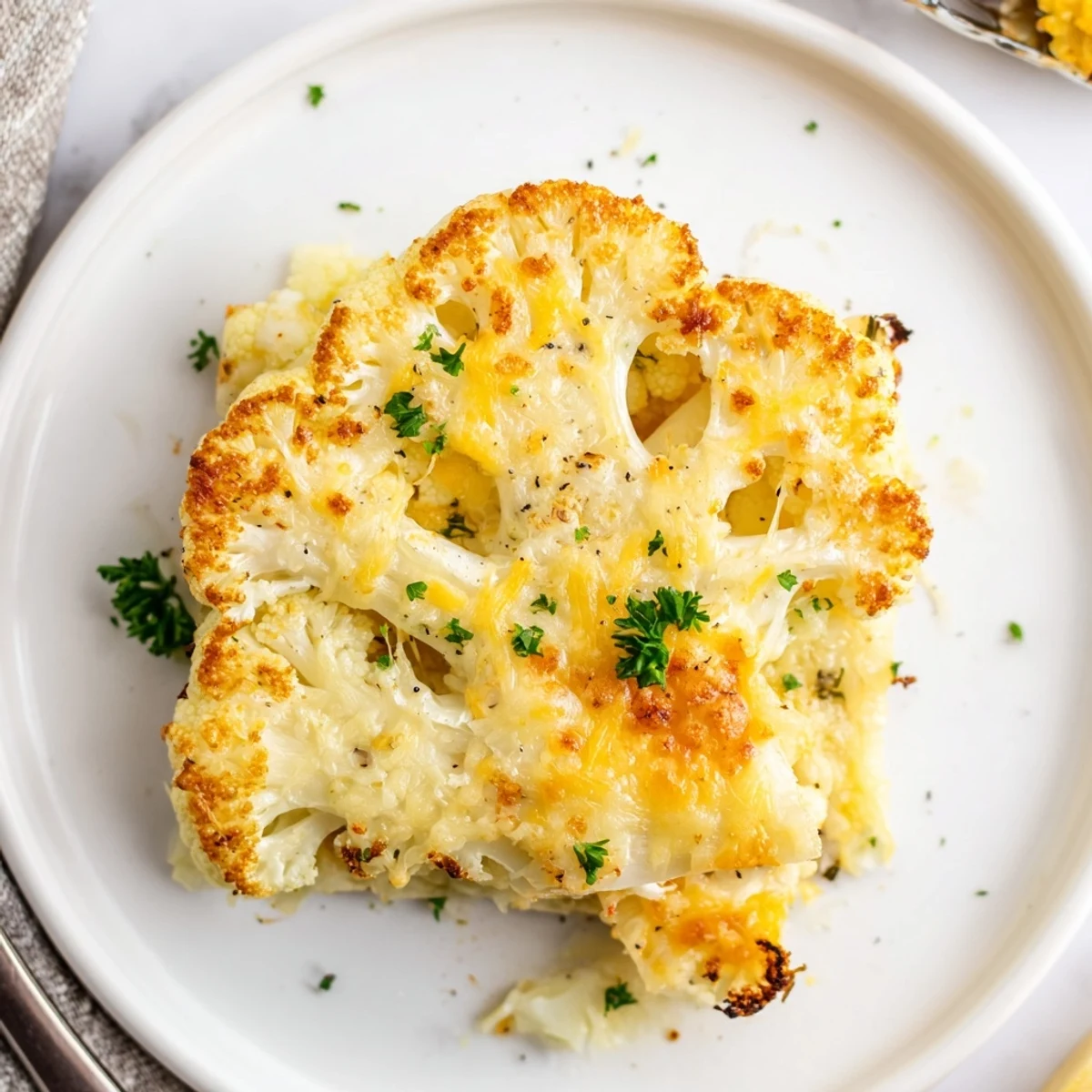Oven-roasted Cheesy Cauliflower Steaks sliced thick, seasoned with smoked paprika