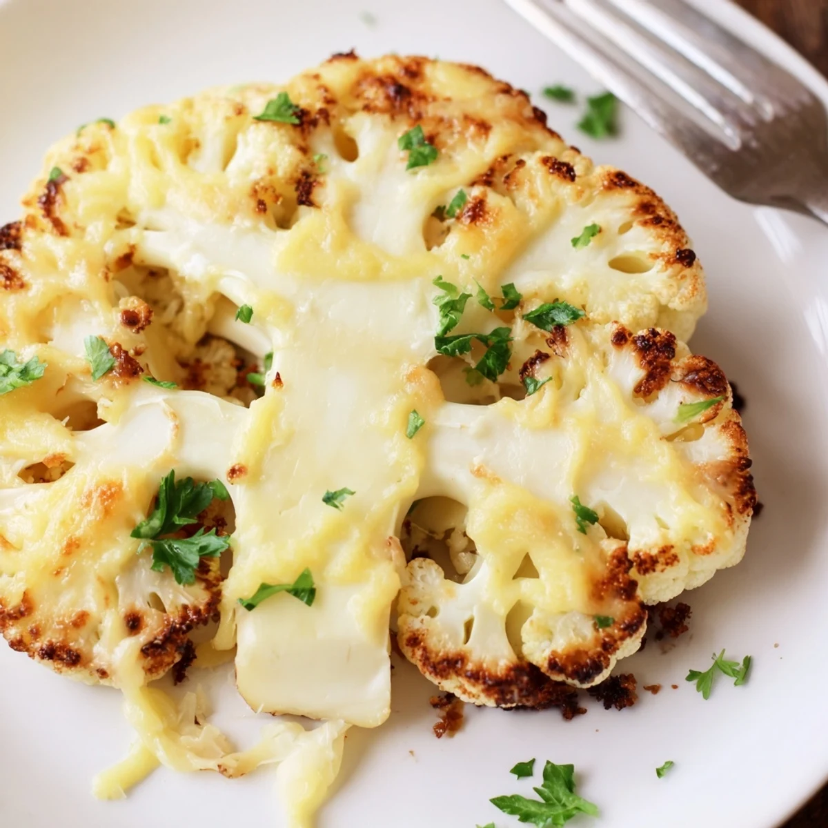 Sizzling Cheesy Cauliflower Steaks glistening with melted cheese and garlic aroma