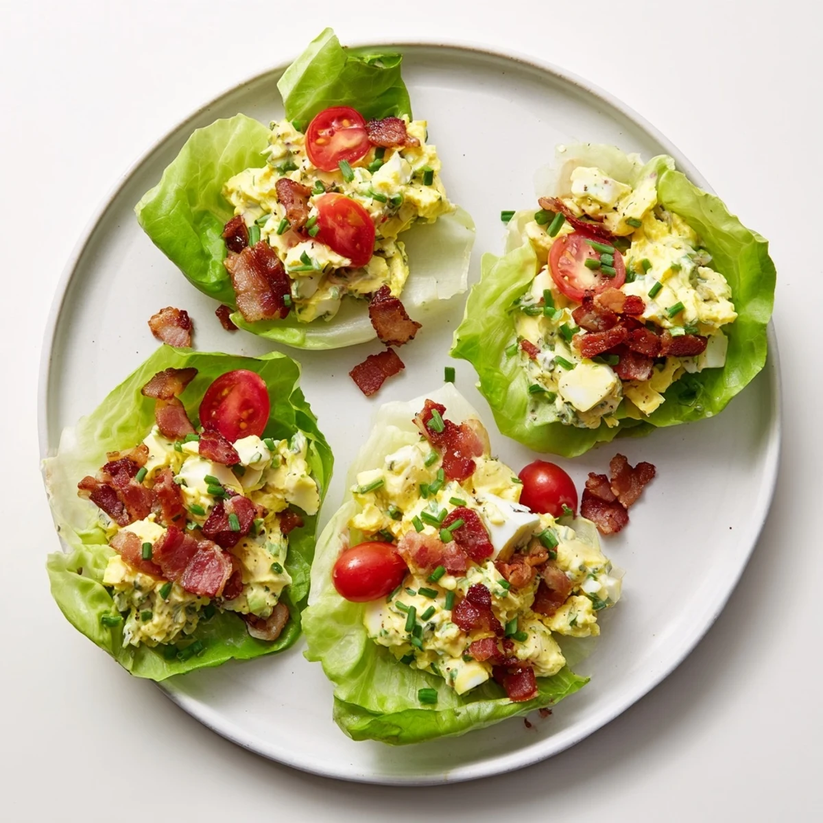 BLT Egg Salad Lettuce Wraps piled on plate, crisp leaves and creamy filling