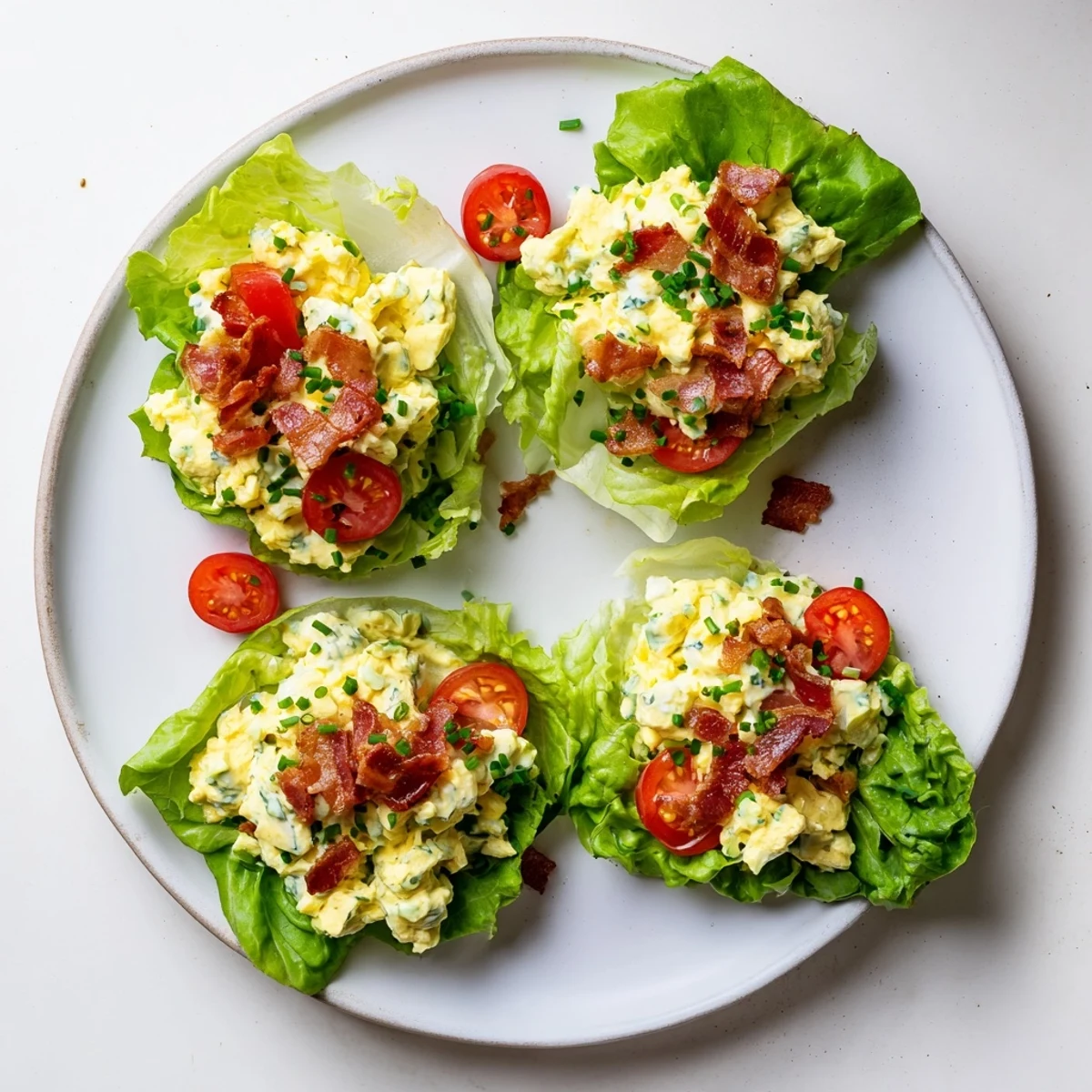 Crispy bacon and tangy tomato in BLT Egg Salad Lettuce Wraps, ready to serve