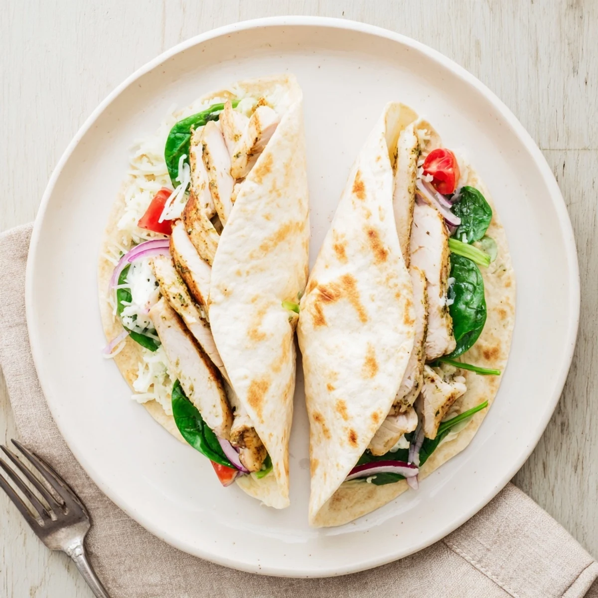 Pan seared Cheesy Garlic Chicken Wraps oozing melted cheese, ripe tomatoes, crisp greens