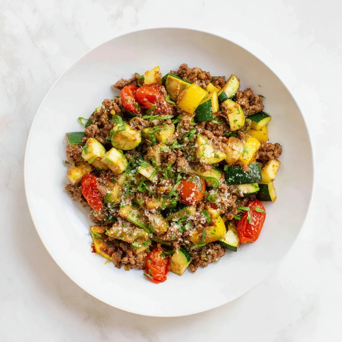 One-pan ground beef zucchini skillet featuring tender vegetables, savory beef, and juicy tomatoes ready for family dinner