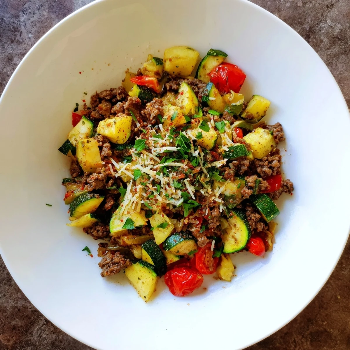 Golden brown ground beef zucchini skillet with melted cheese and fresh parsley garnish in a cast iron pan