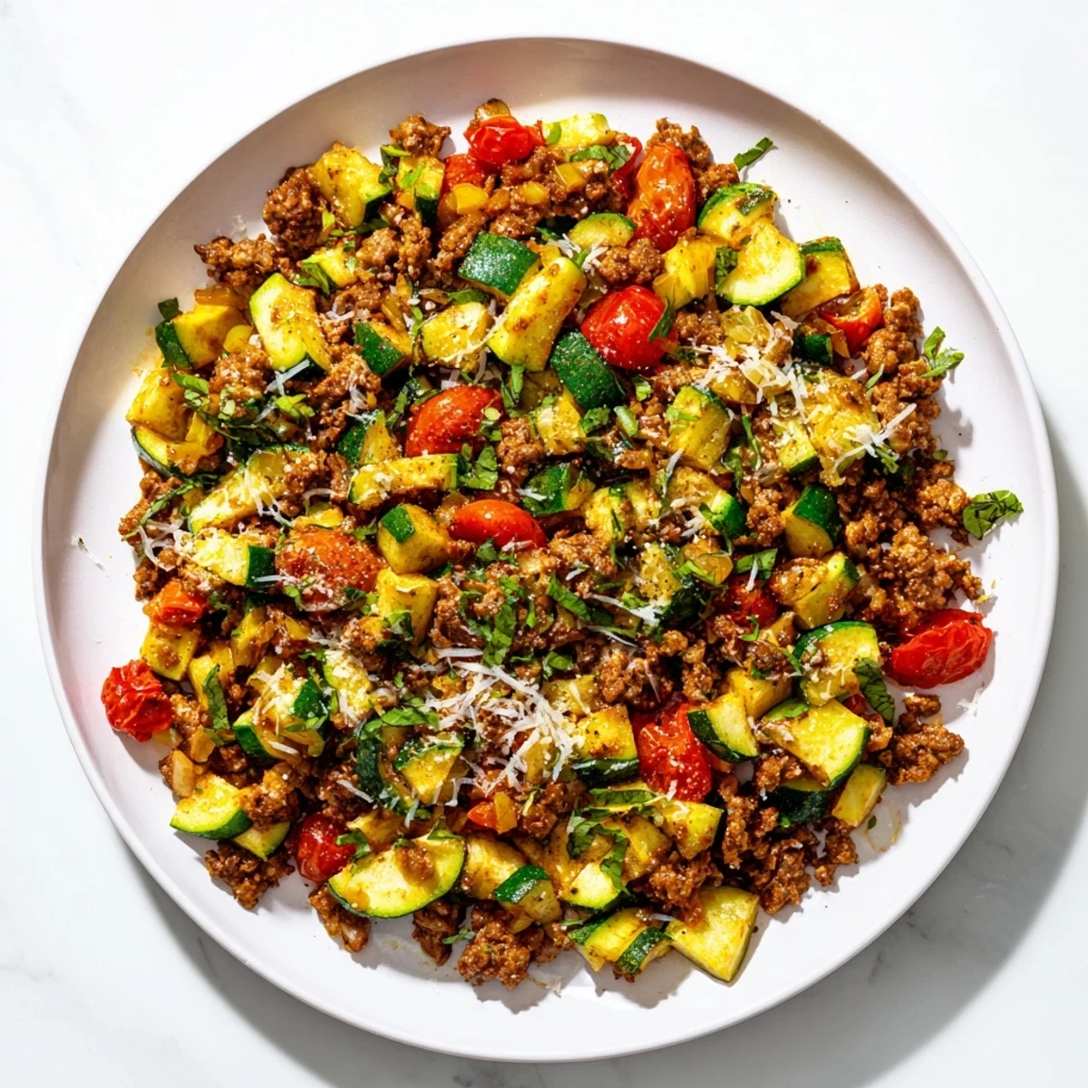 Hearty ground beef zucchini skillet bubbling with red bell peppers and herbs, served piping hot from the stove