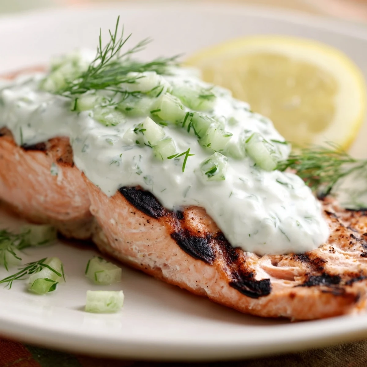Golden grilled salmon fillets with charred grill marks topped with creamy cucumber dill sauce