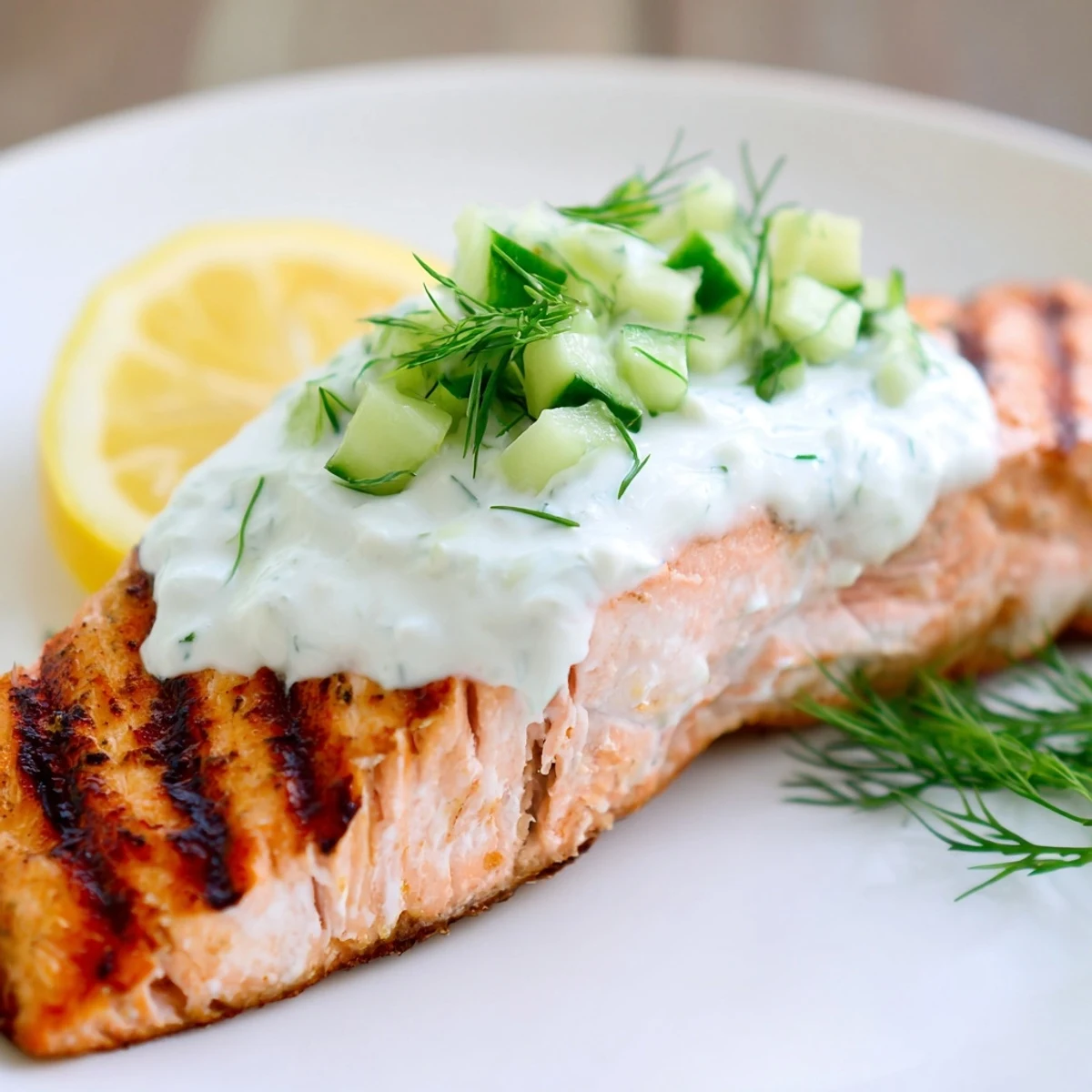 Fresh lemon herb grilled salmon served on white plate with tangy yogurt cucumber sauce