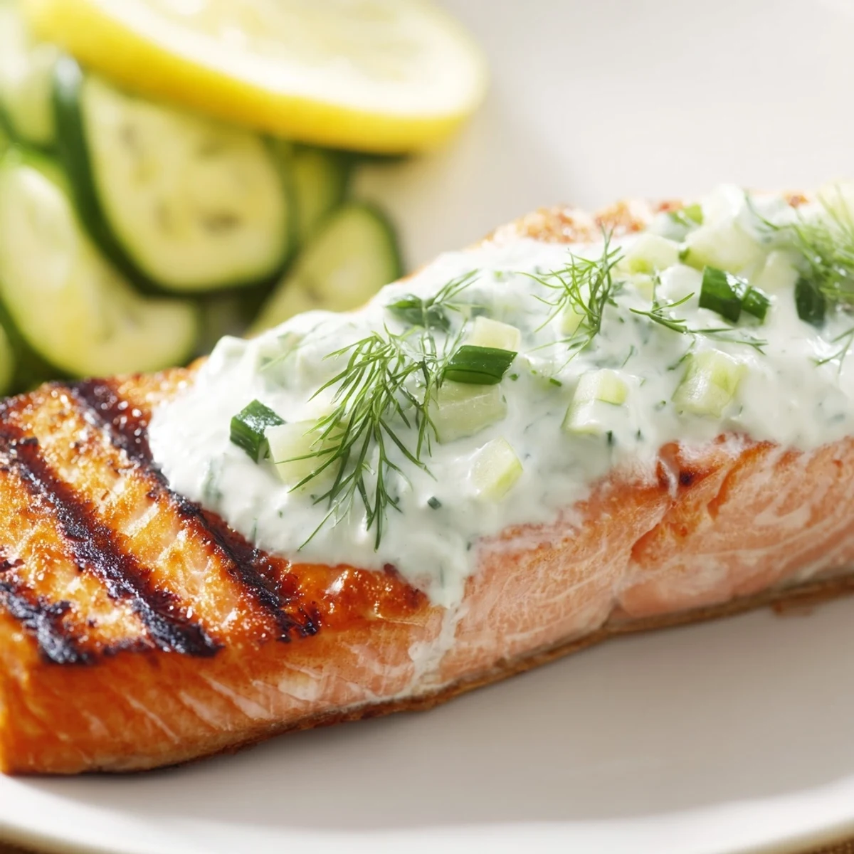 Perfectly cooked lemon herb salmon flakes easily topped with cool refreshing cucumber dill yogurt sauce