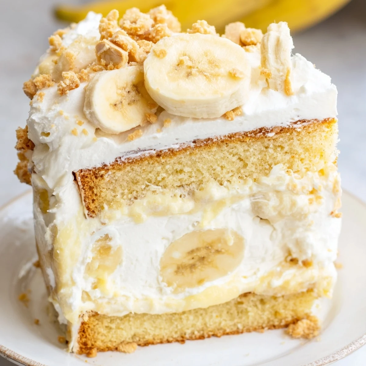 Golden banana pudding cake slice showcasing creamy vanilla filling between tender moist banana cake layers
