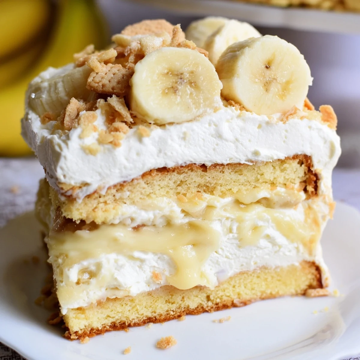 Luscious banana pudding cake revealing crushed vanilla wafers and pudding between golden cake layers on white stand