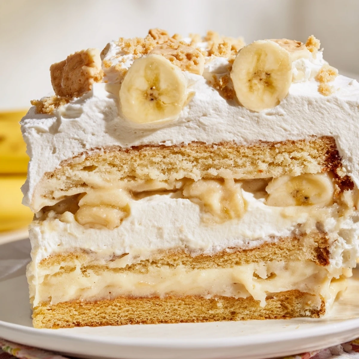 Banana pudding cake recipe topped with fluffy whipped cream and fresh sliced bananas on serving plate