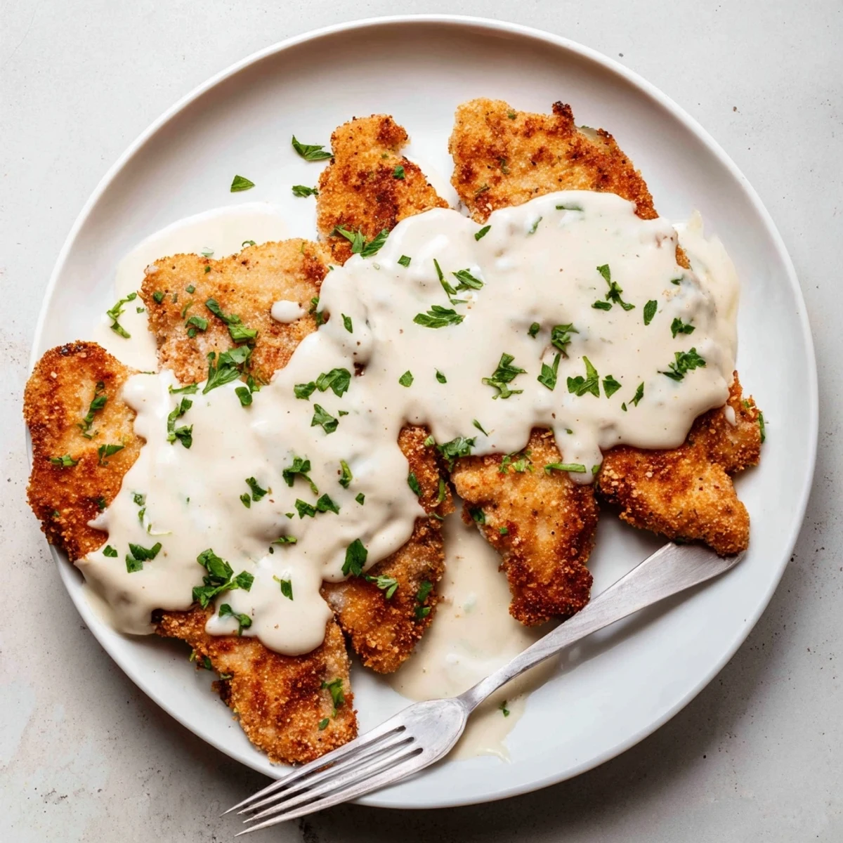 Golden brown crispy chicken breasts drizzled with velvety white parmesan cream sauce on a white plate