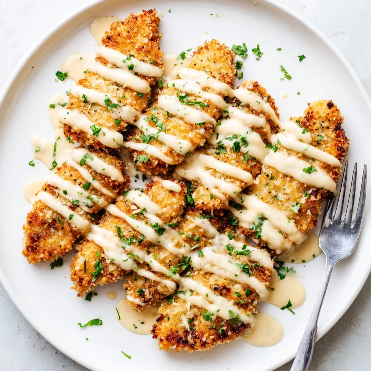 Pan fried crispy chicken with crispy parmesan breadcrumb coating smothered in smooth dijon cream sauce
