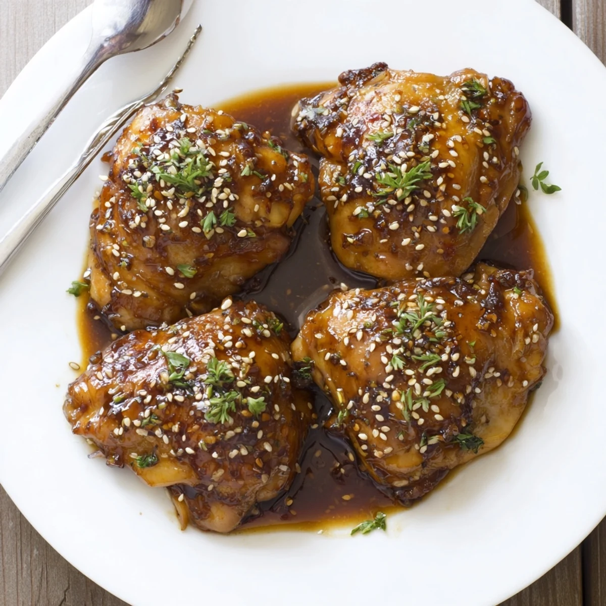 Family-style Crockpot Honey Garlic Chicken with toasted sesame and bright parsley garnish