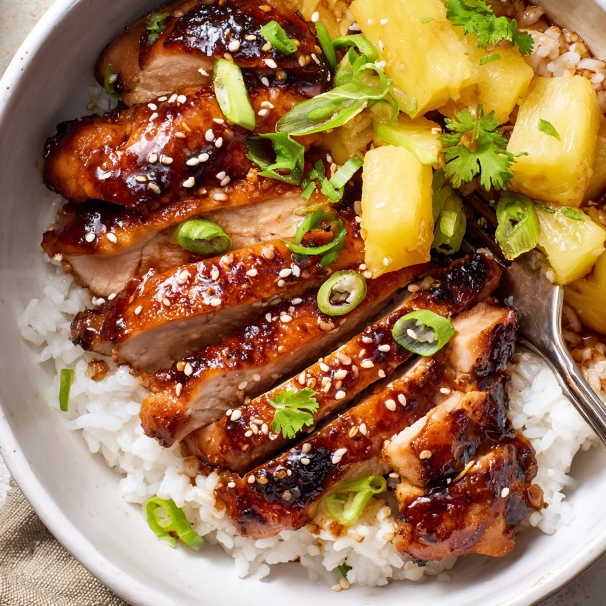 Hawaiian Chicken With Coconut Rice plated with charred pineapple and green onions