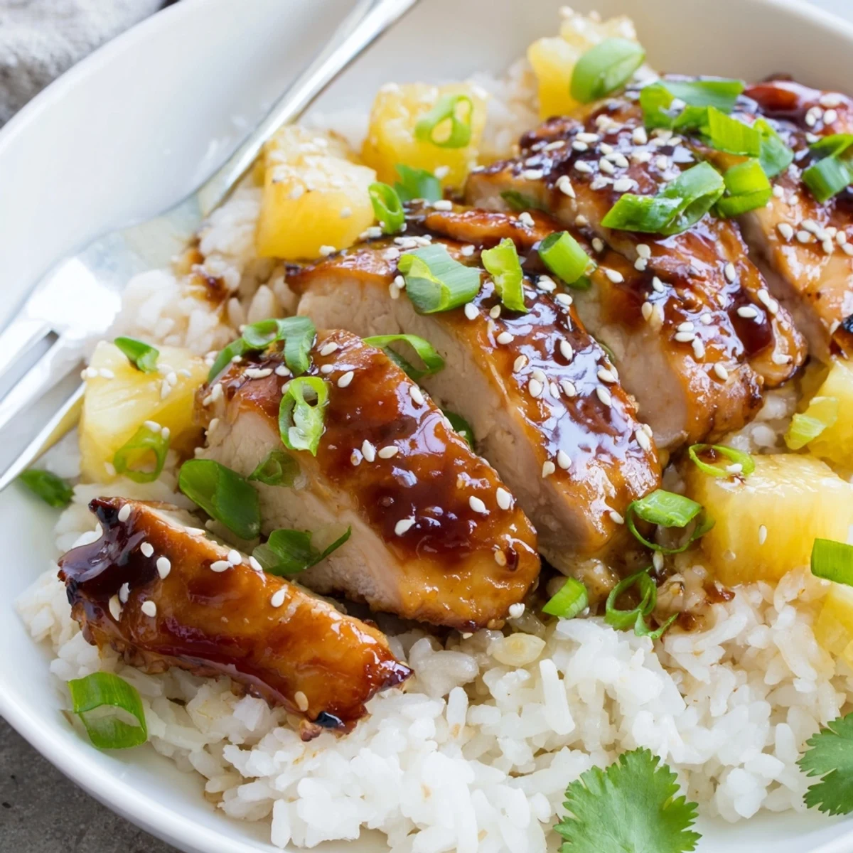 Skillet seared Hawaiian Chicken With Coconut Rice served steaming with toasted sesame and cilantro