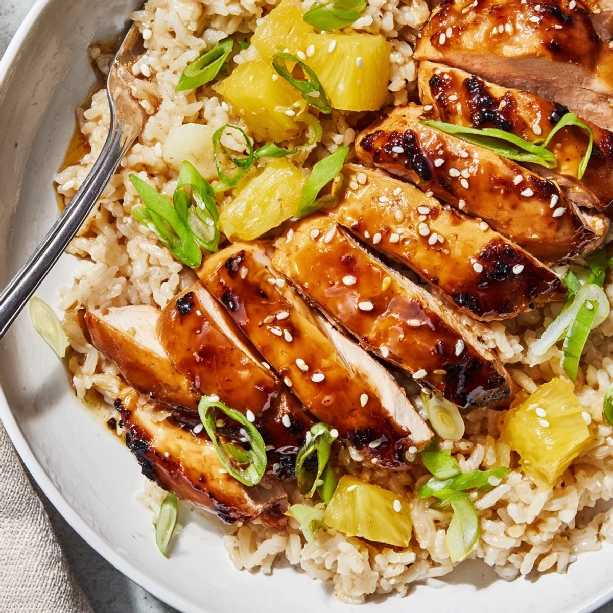 Marinated Hawaiian Chicken With Coconut Rice, sweet pineapple garnish and warm coconut aroma