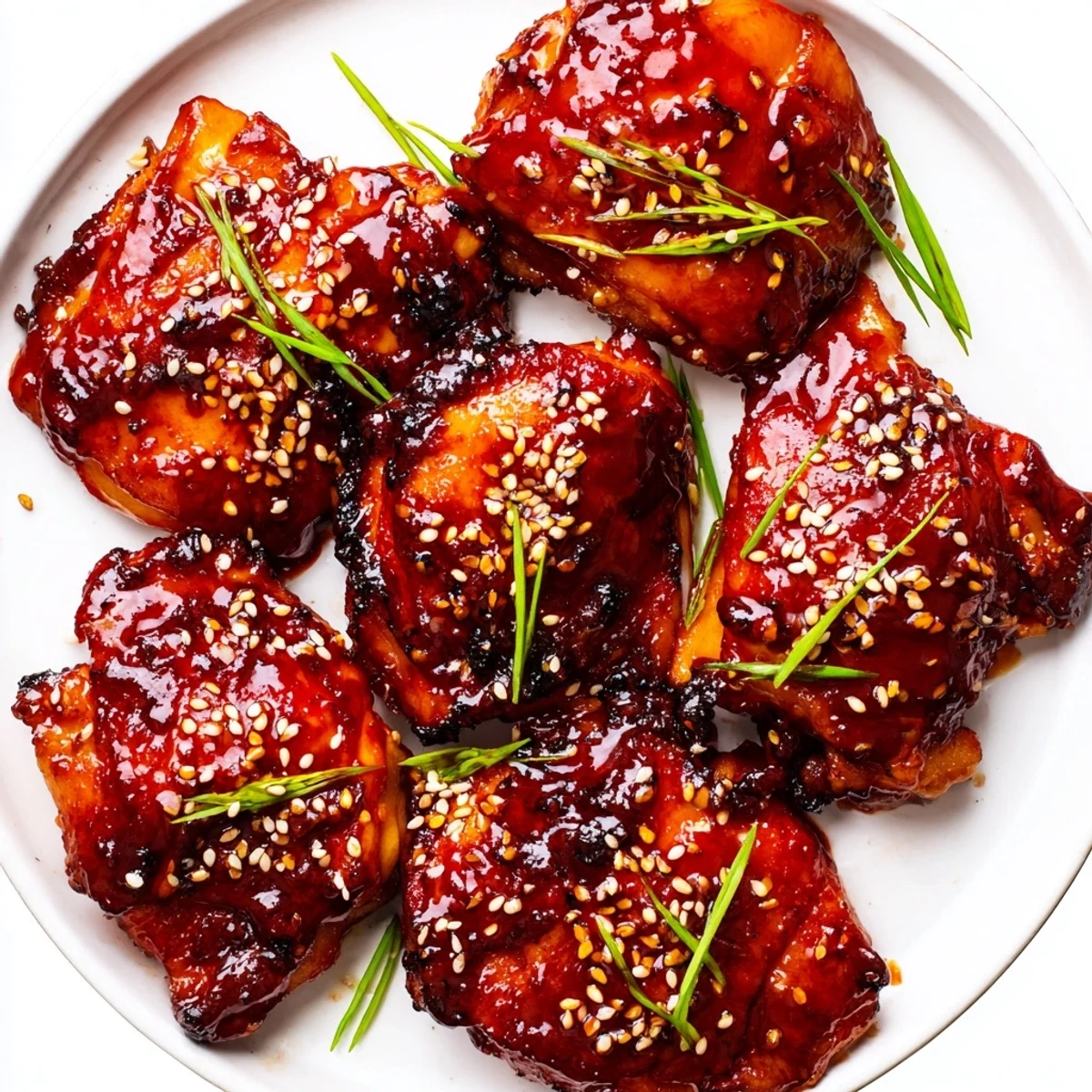 Juicy Korean Chicken Thighs roasted to caramelized edges, glazed with sesame