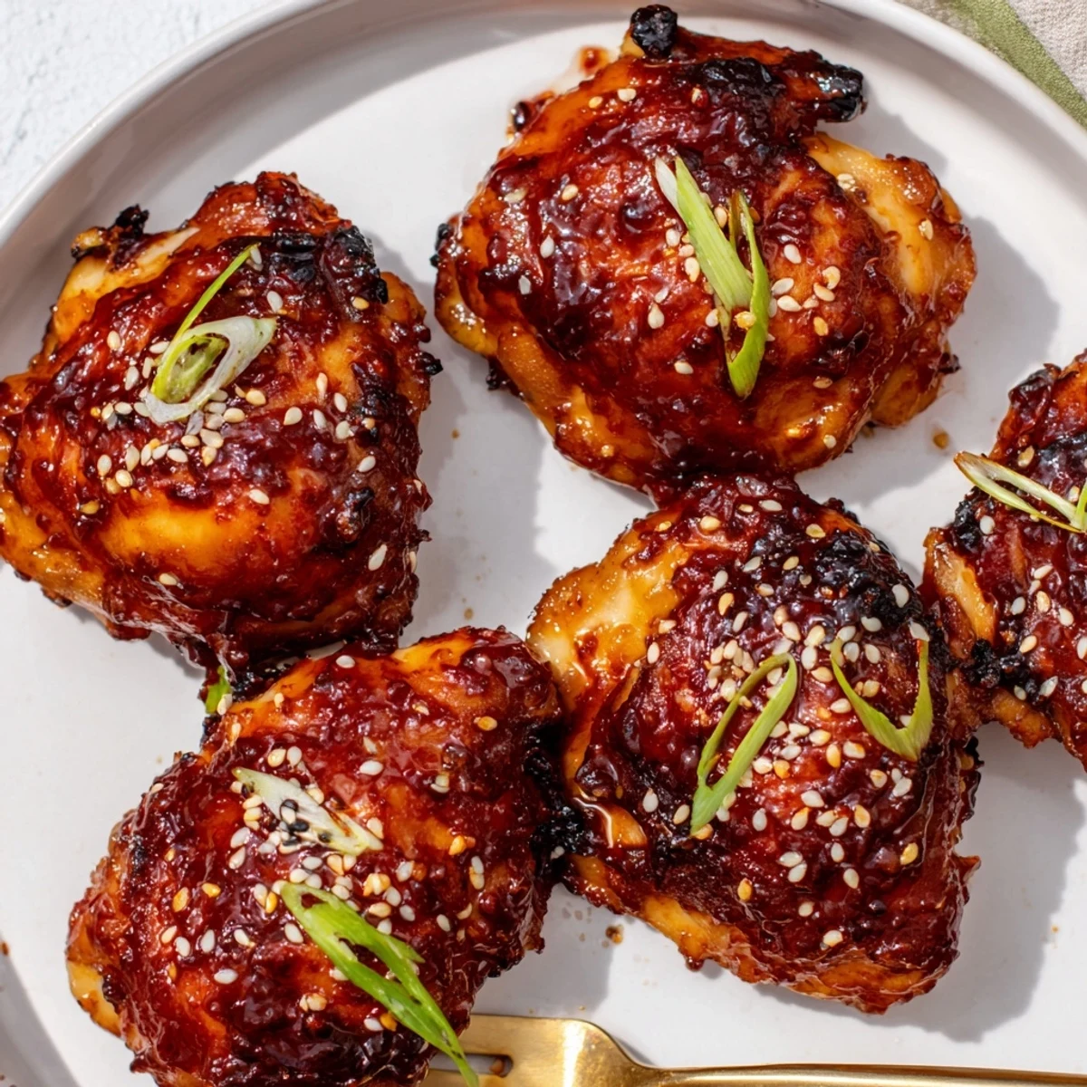 Sizzling honey-garlic glazed Juicy Korean Chicken Thighs garnished with scallions
