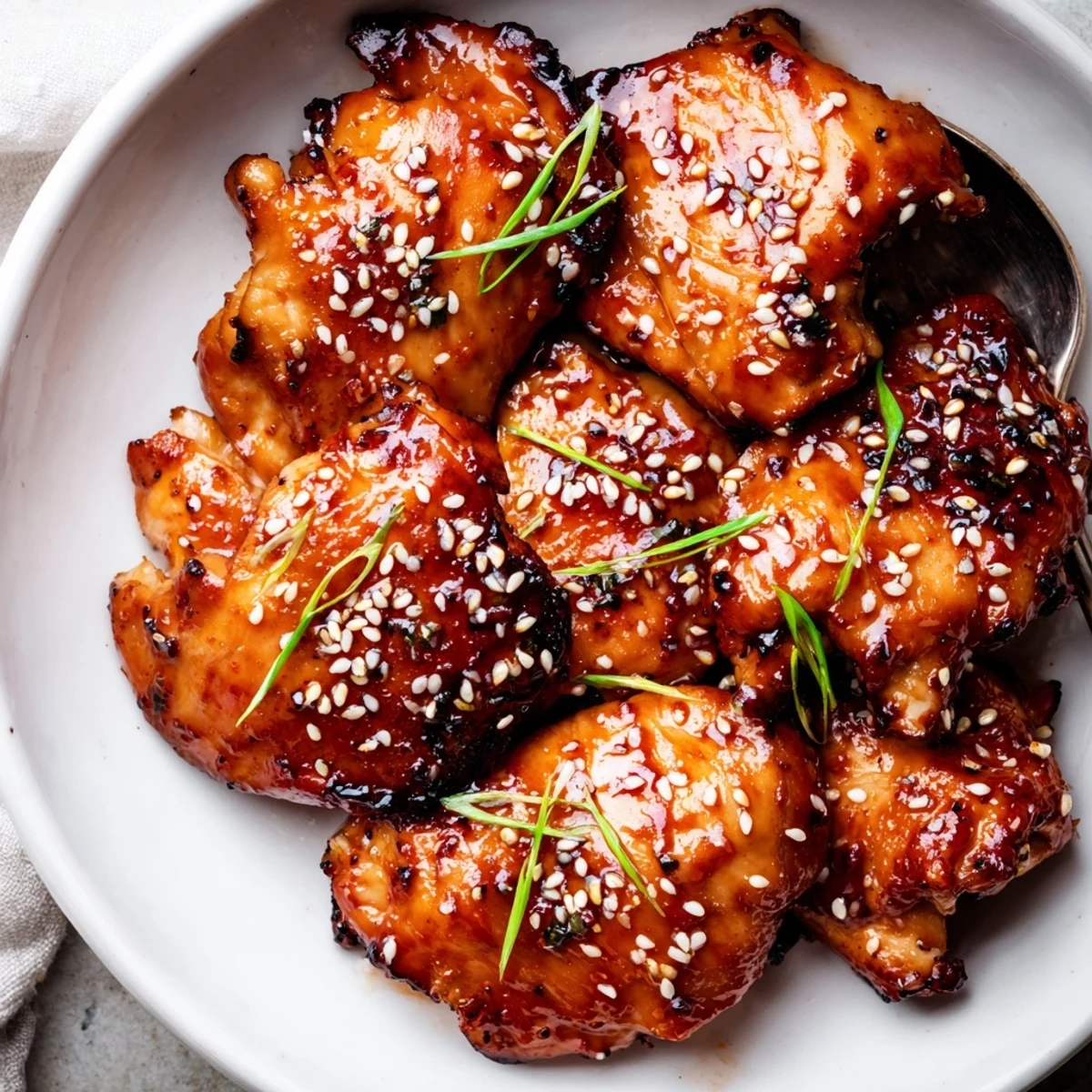 Oven-browned Juicy Korean Chicken Thighs served over steamed rice and kimchi