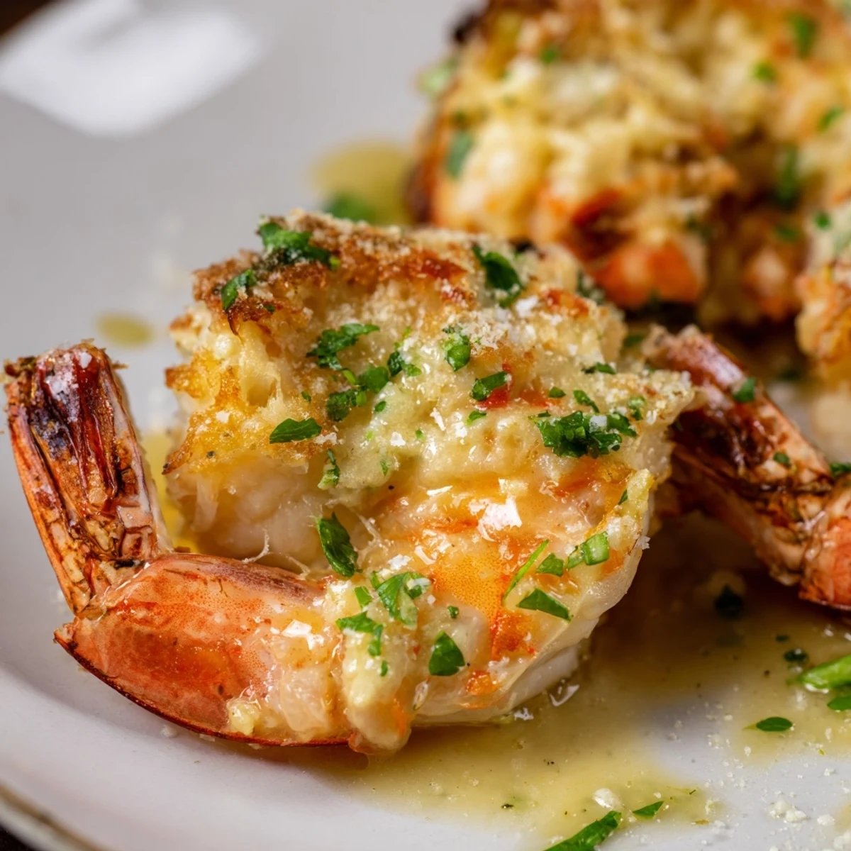 Buttery garlic scented platter of Crab Cake Stuffed Shrimp With Cowboy Butter, lemon