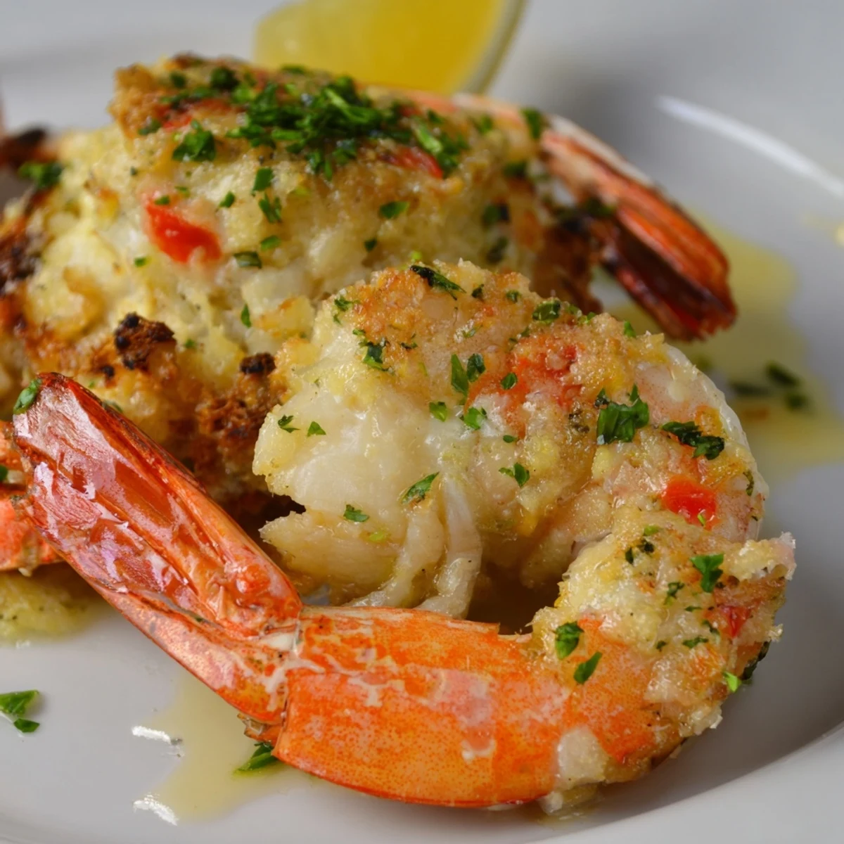 Crab Cake Stuffed Shrimp With Cowboy Butter, golden brown and drizzled with lemon