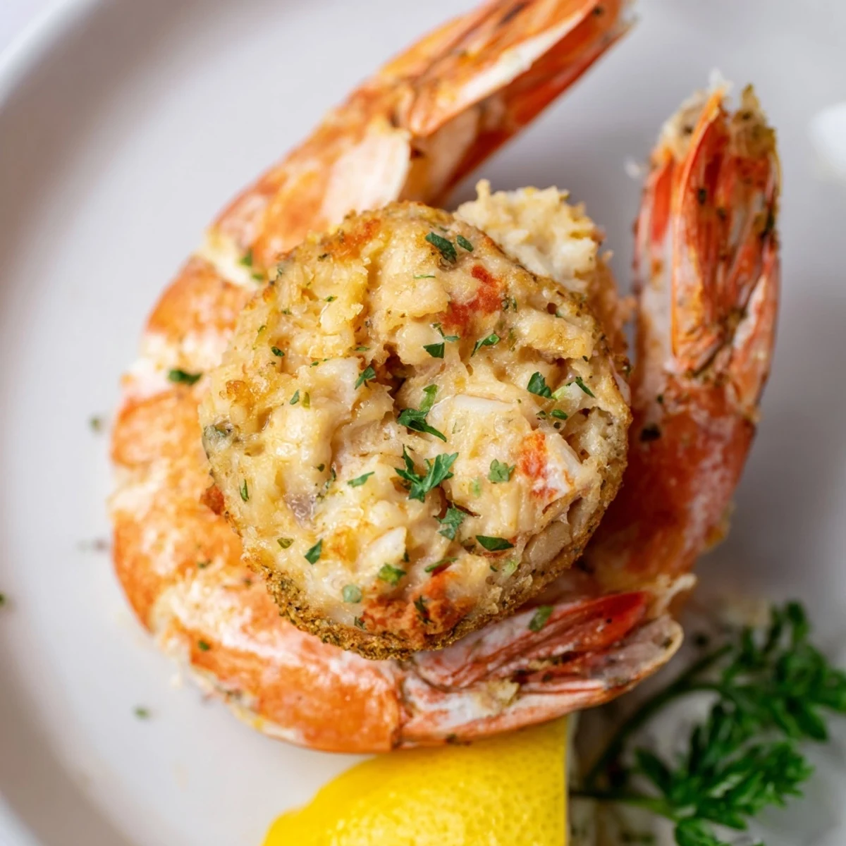 Broiled shrimp filled with crab, Crab Cake Stuffed Shrimp With Cowboy Butter, smoky drizzle