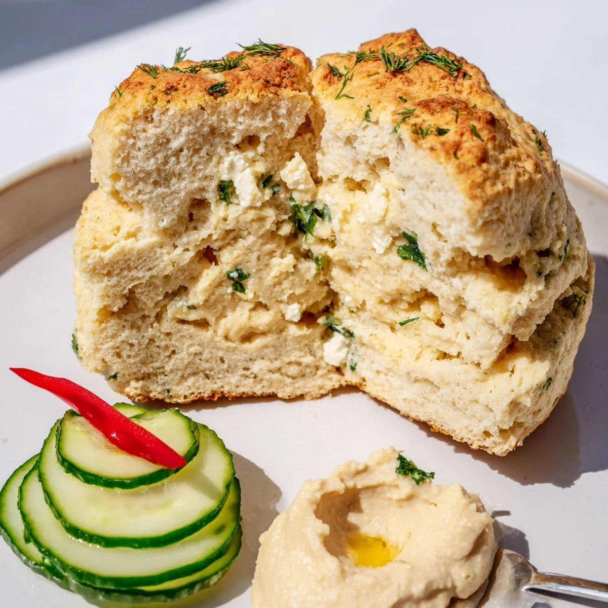 Warm Humous Scones with golden tops, served with creamy hummus.  