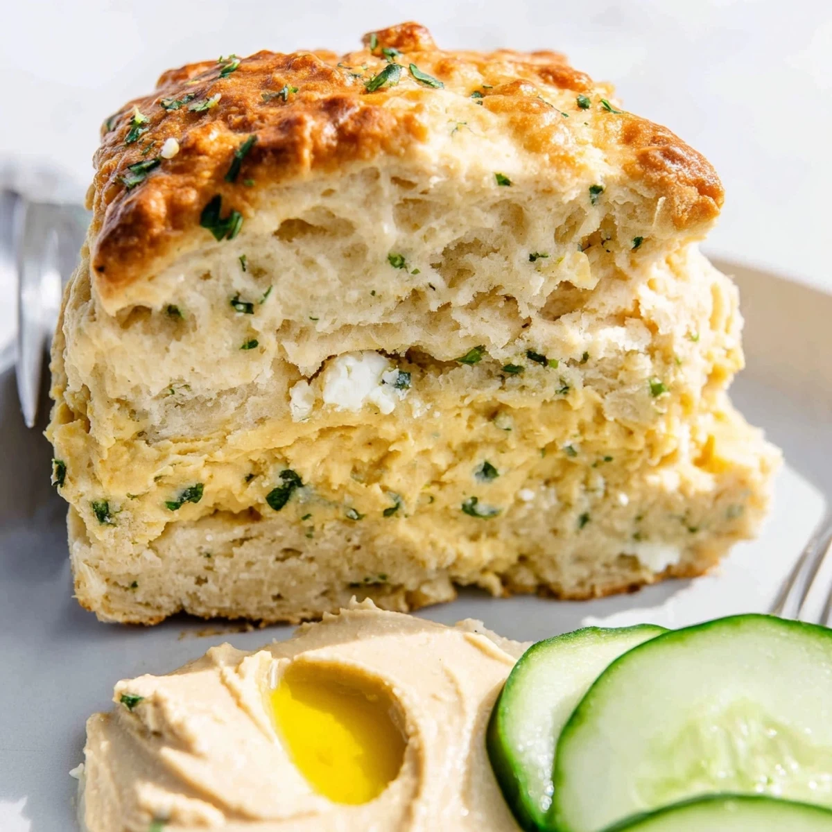 Freshly baked Humous Scones, herby flecks and flaky edges, cooling.  