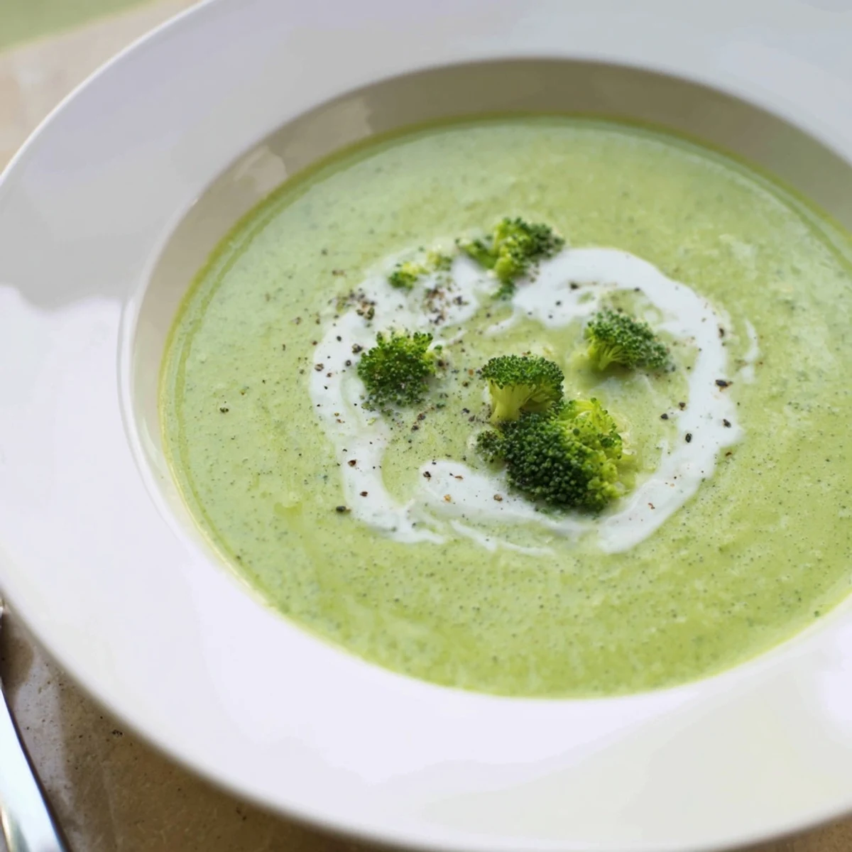 Velvety Broccoli Soup in bowls, cream swirl, steaming, paired with crusty bread