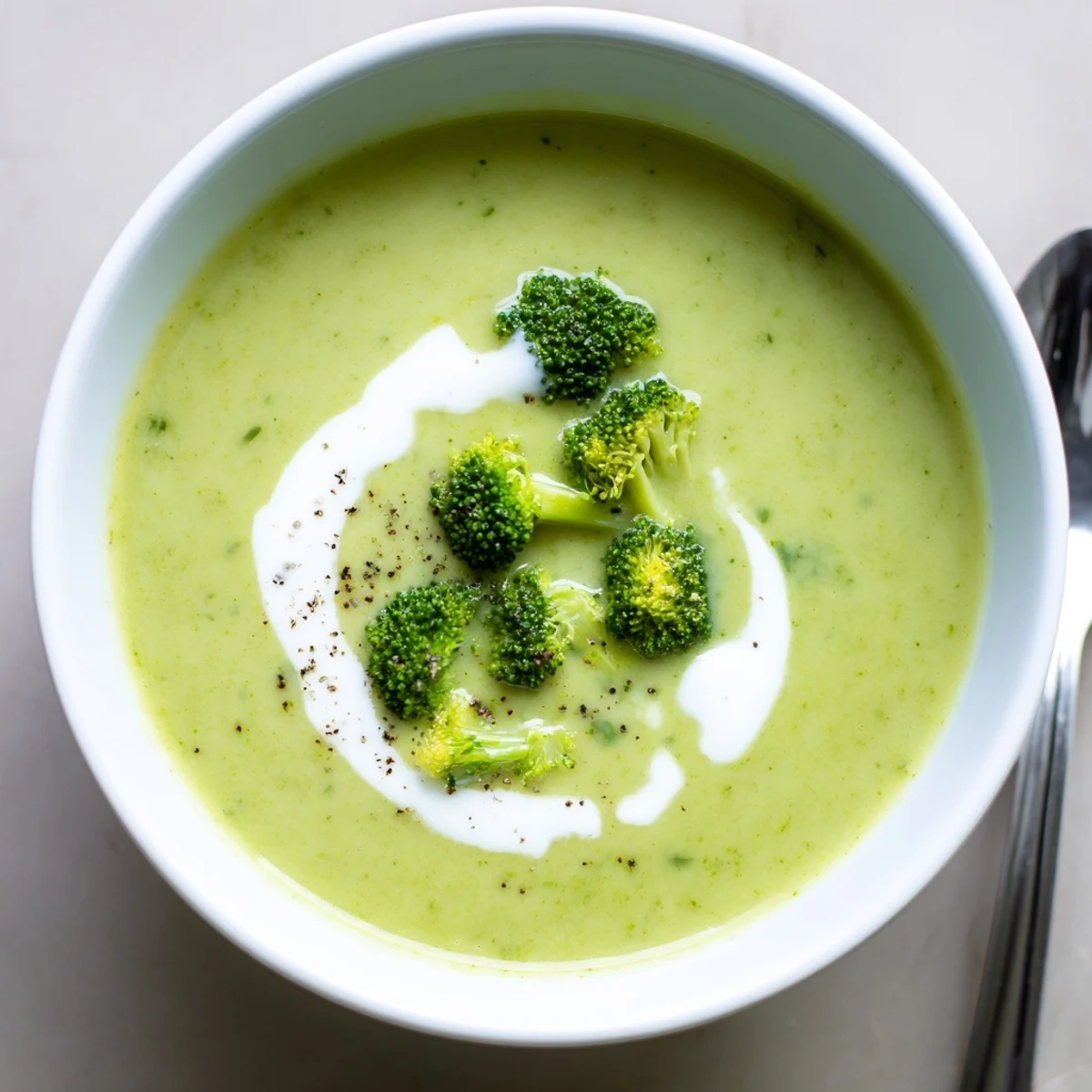 Smooth Broccoli Soup, fragrant with garlic and nutmeg, served warm