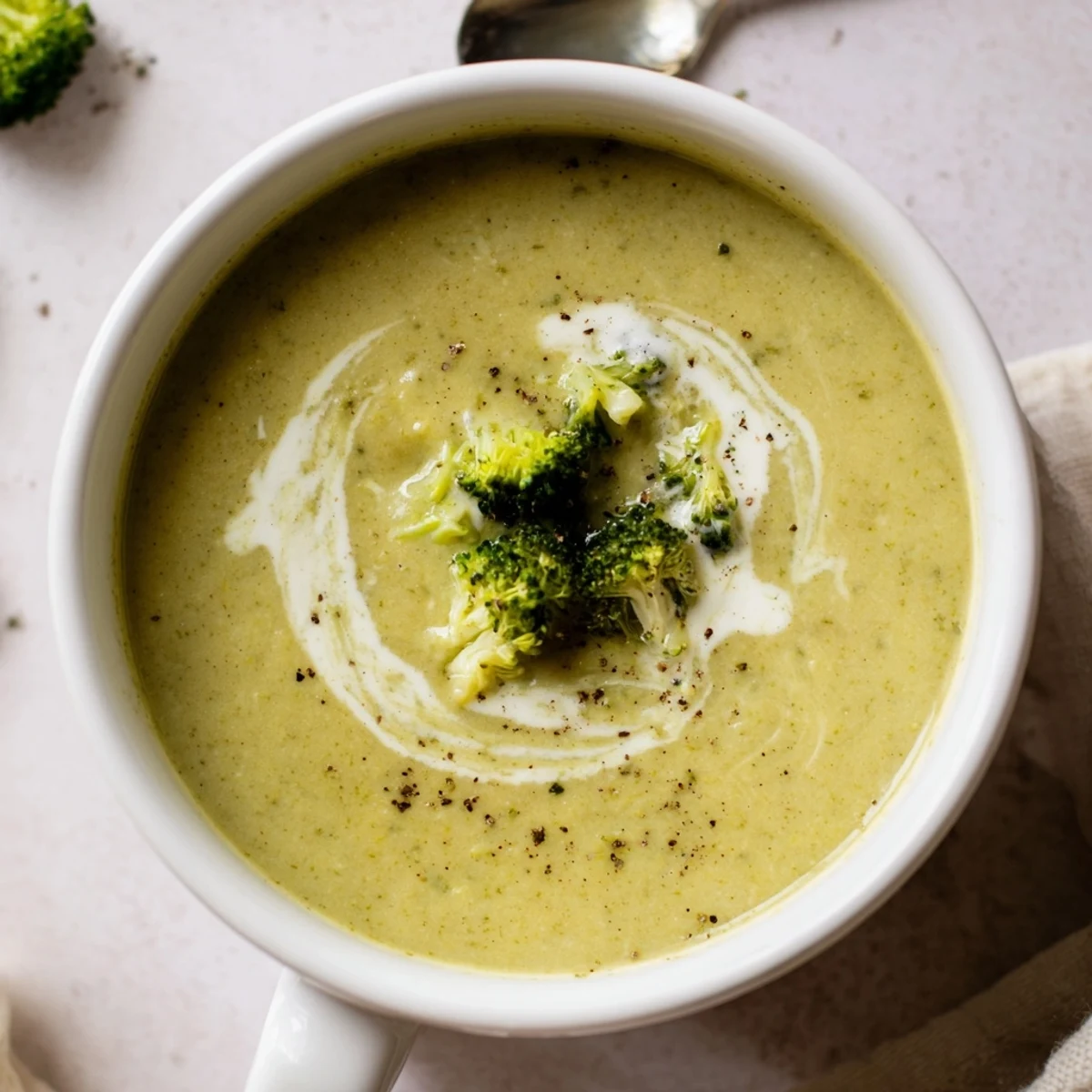 Homestyle Broccoli Soup blended silky, topped with olive oil drizzle, ready to enjoy