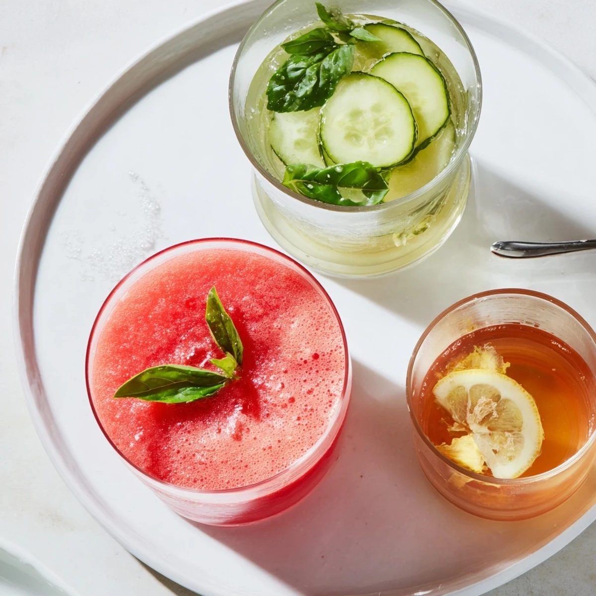 Chilled Summer Detox Drinks served over ice, watermelon and basil notes