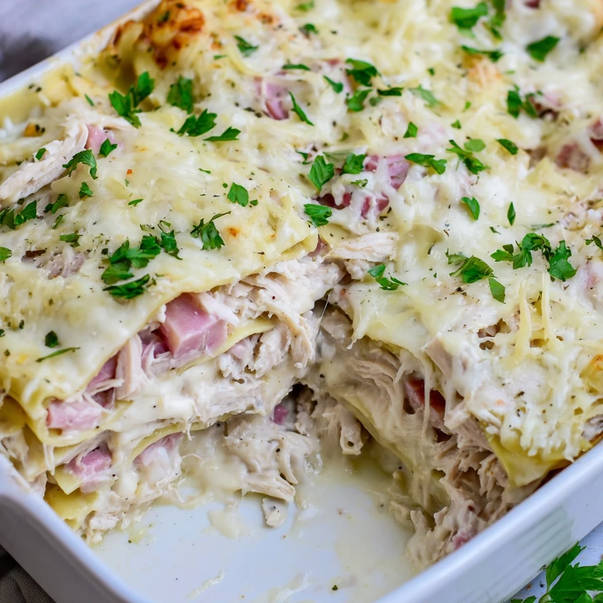 Sliced Chicken Cordon Bleu Lasagna showing distinct pasta layers with shredded mozzarella and fresh parsley garnish