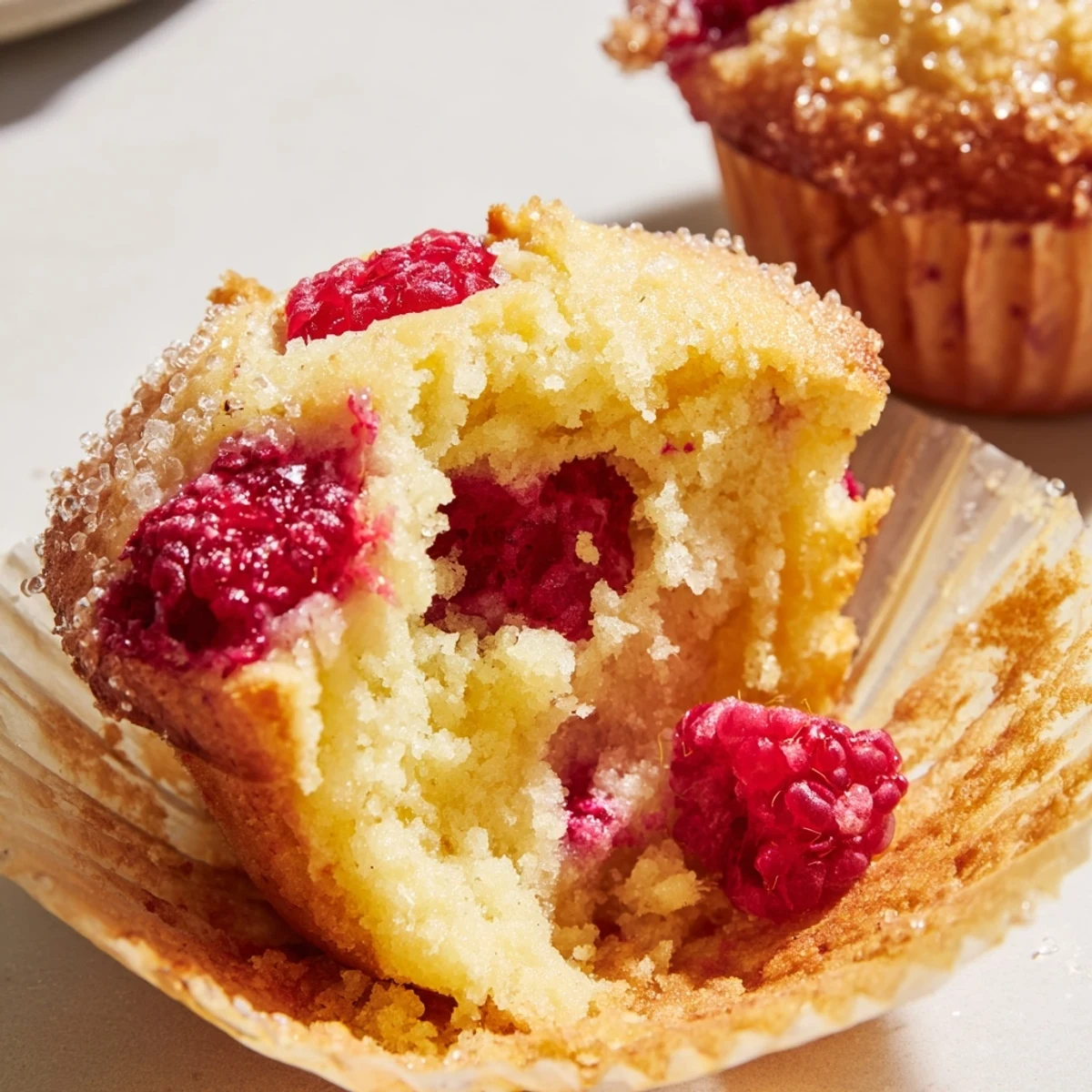 Moist bakery-style muffins bursting with red raspberries and zesty lemon on a wire rack