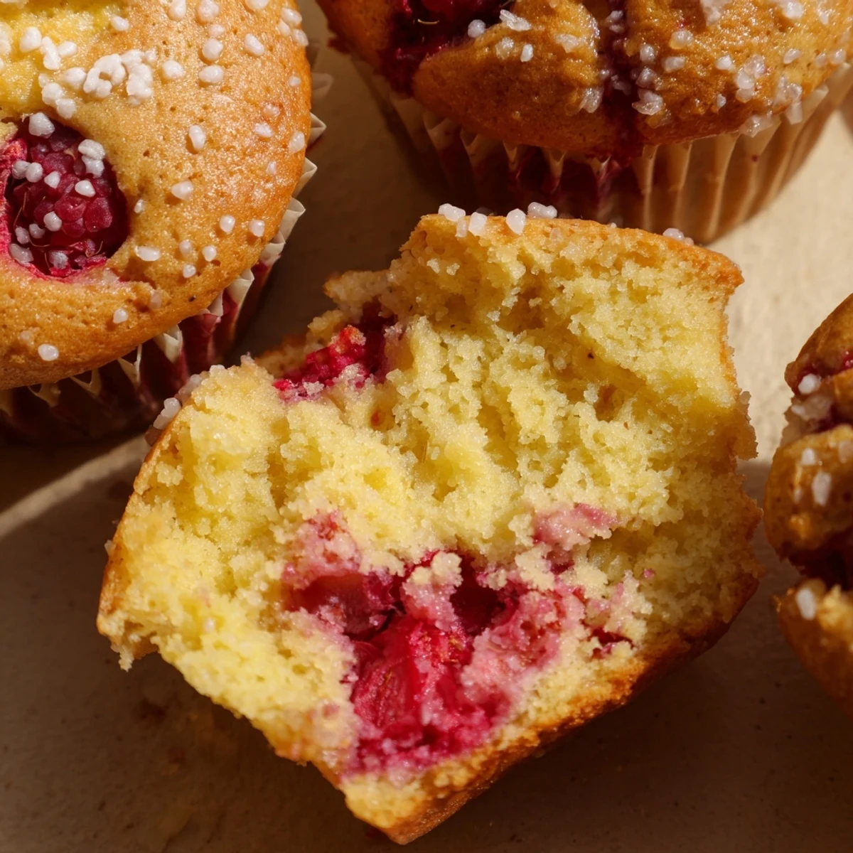 Golden raspberry lemon ricotta muffins topped with coarse sugar and fresh raspberries