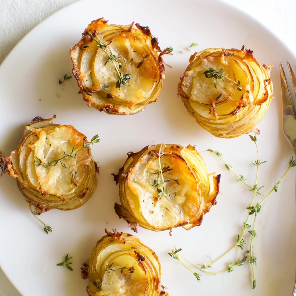 Golden brown cheese scalloped potato stacks arranged in a muffin tin with crispy edges