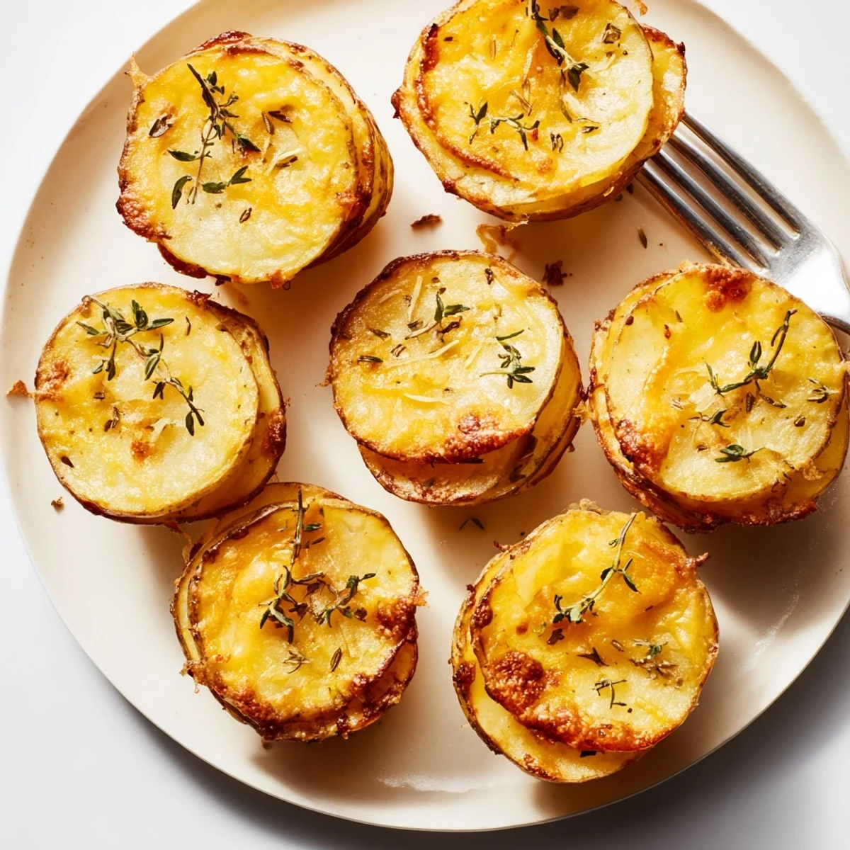 Individual portions of cheesy scalloped potato stacks featuring tender layers and melted cheddar topping