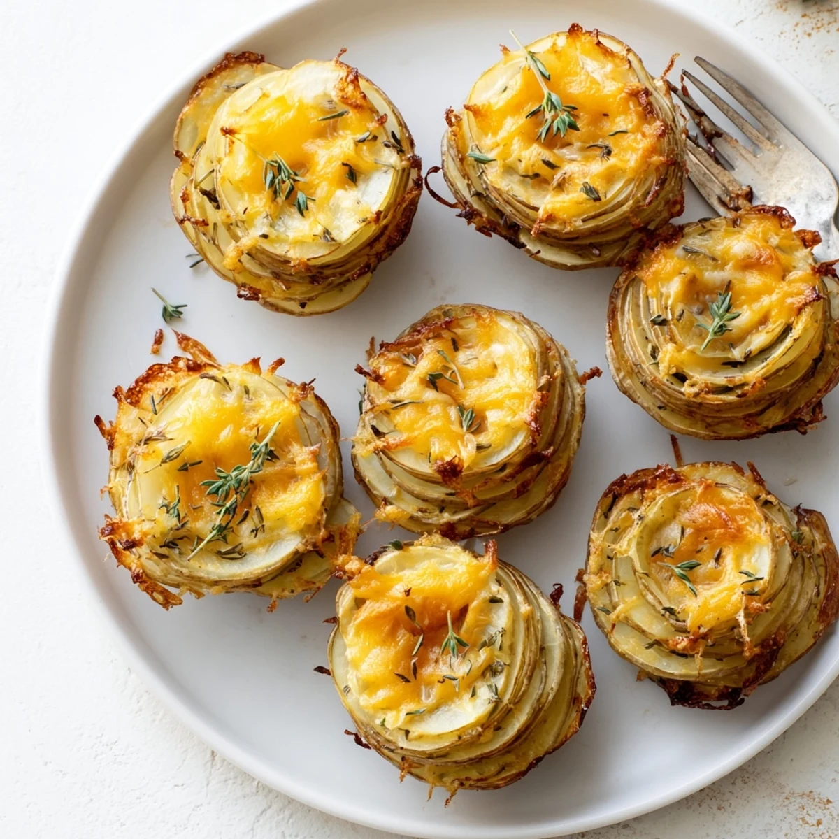 Creamy cheese scalloped potato stacks baked to golden perfection with fresh thyme garnish