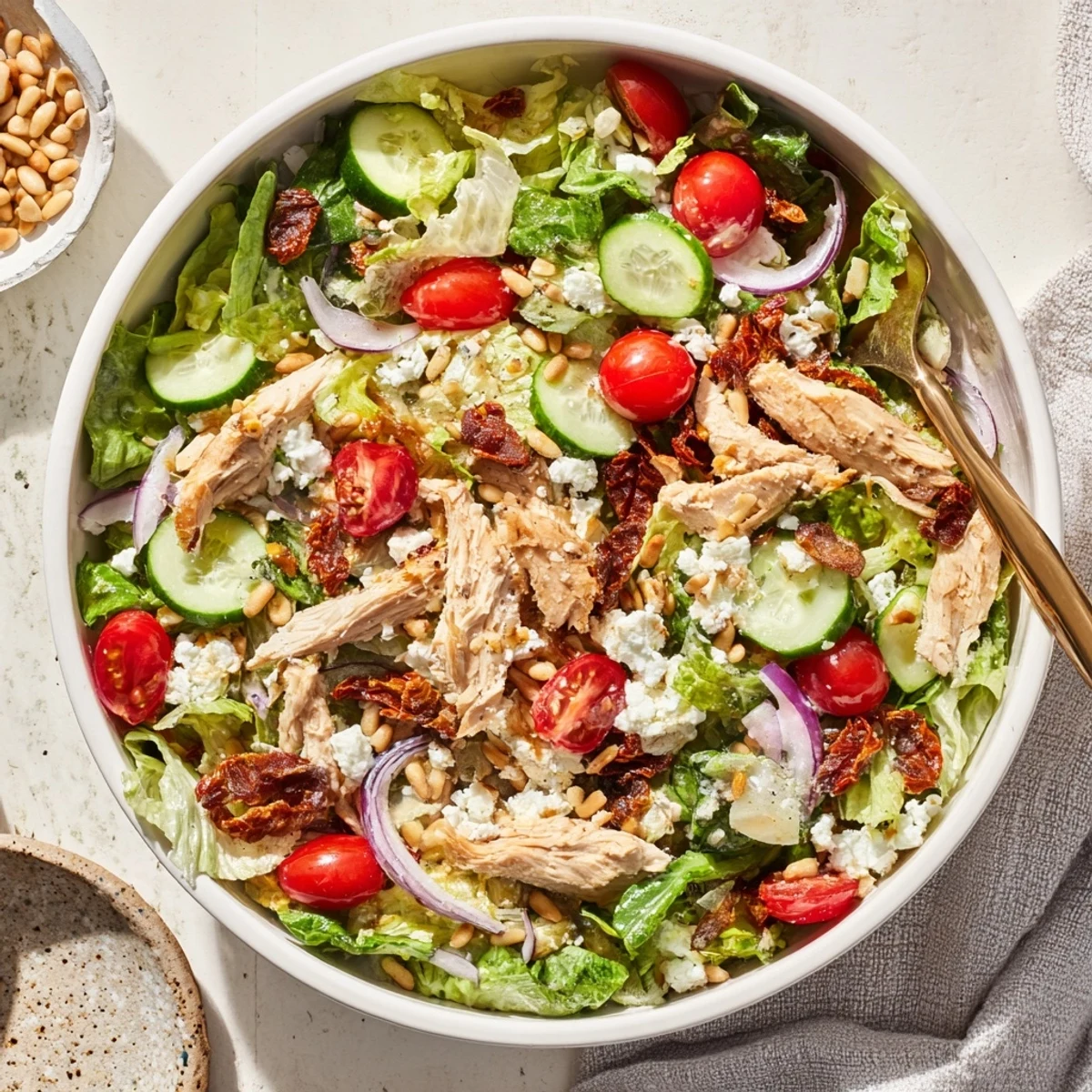 Fresh Sun Dried Tomato Chicken Salad with tender chicken, vibrant tomatoes, and crumbled feta in a large bowl