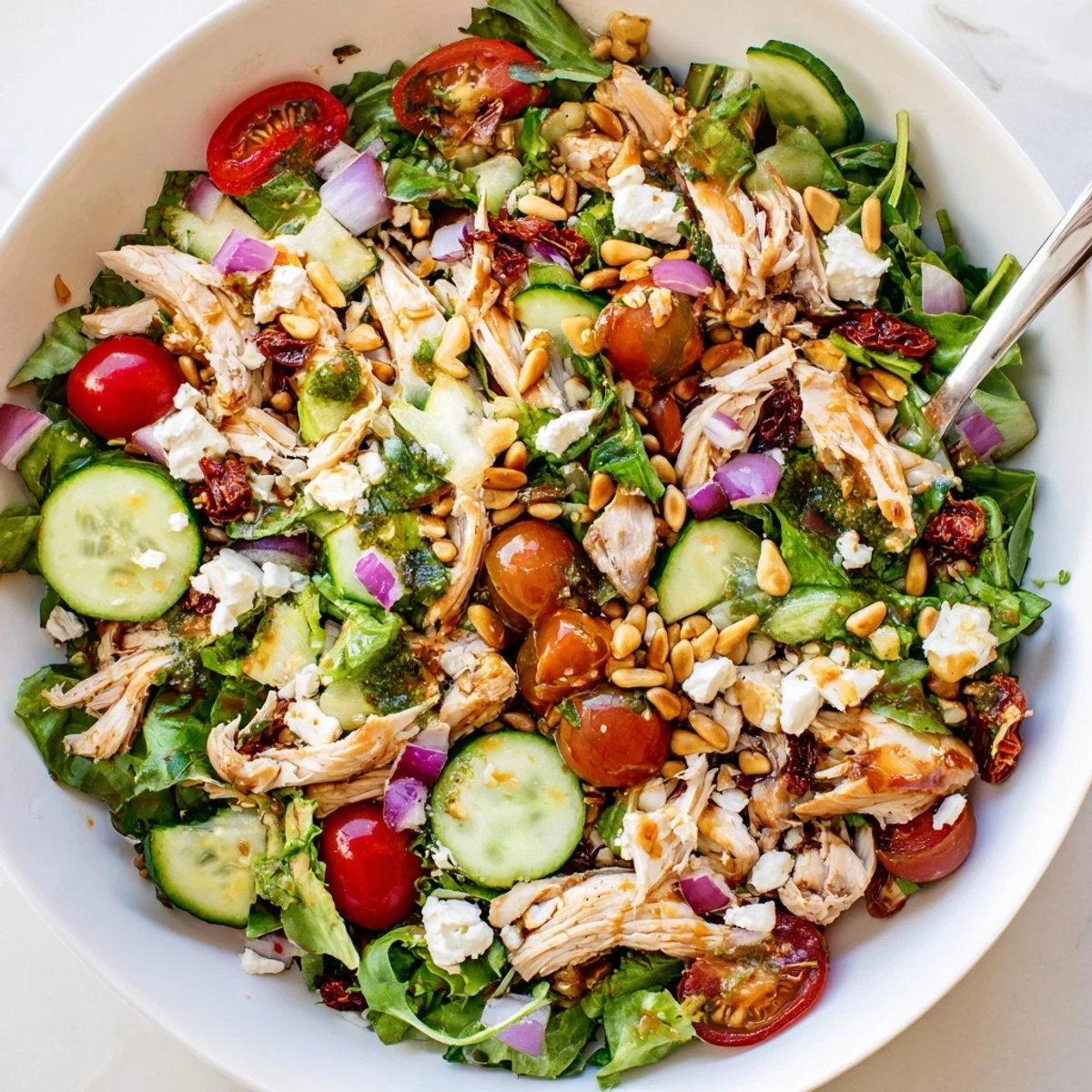 Mediterranean-style Sun Dried Tomato Chicken Salad featuring crisp greens, juicy cherry tomatoes, and toasted pine nuts
