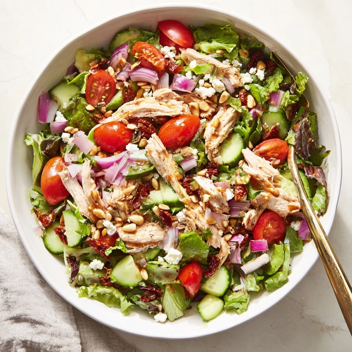 Protein-packed Sun Dried Tomato Chicken Salad tossed with tangy dressing, cucumber, and red onion slices