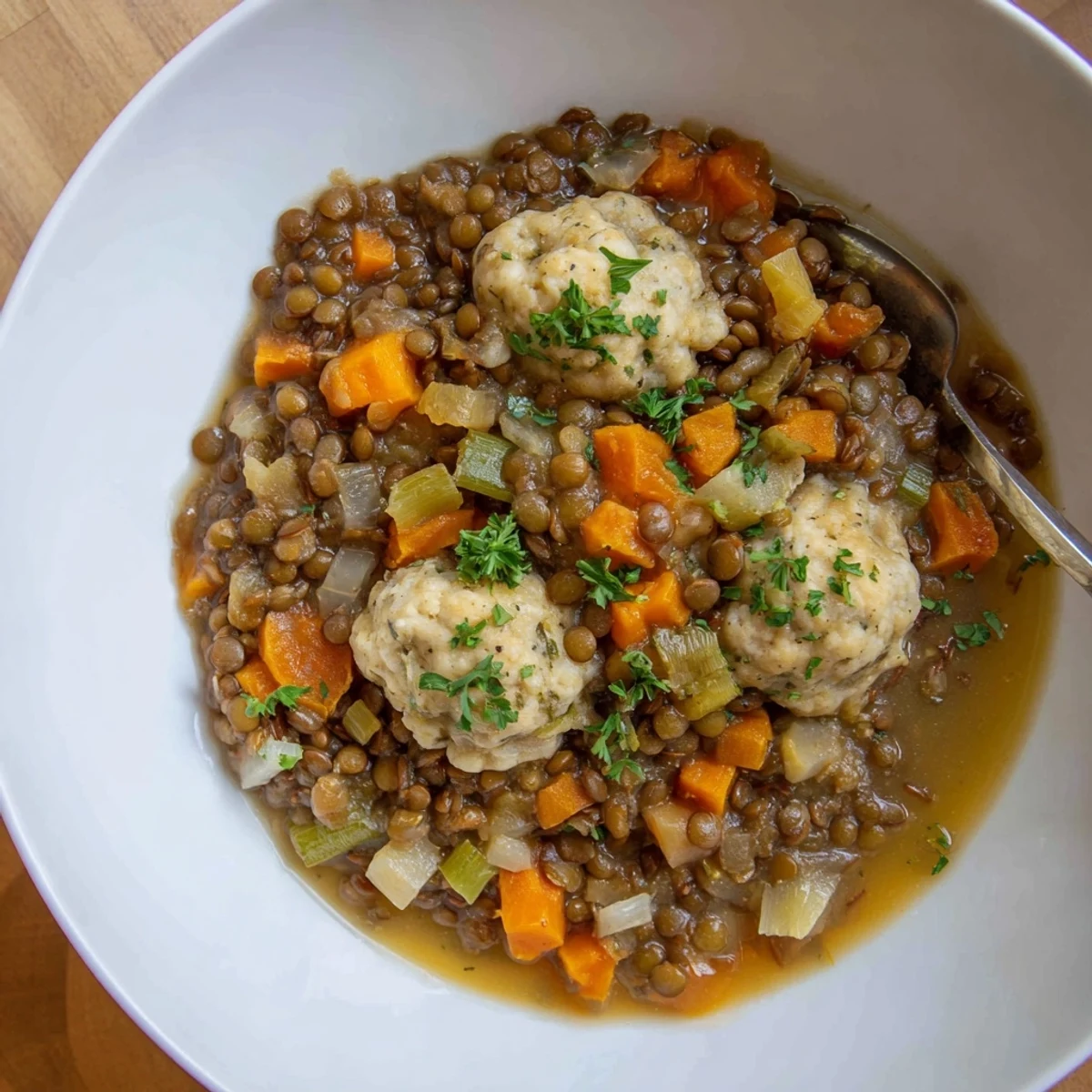 Golden lentils simmered with vegetables beneath fluffy steaming dumplings in a comforting stew bowl