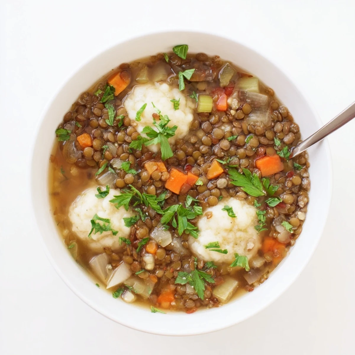 Savory European-style lentils with dumplings served piping hot with fresh parsley garnish and crusty bread