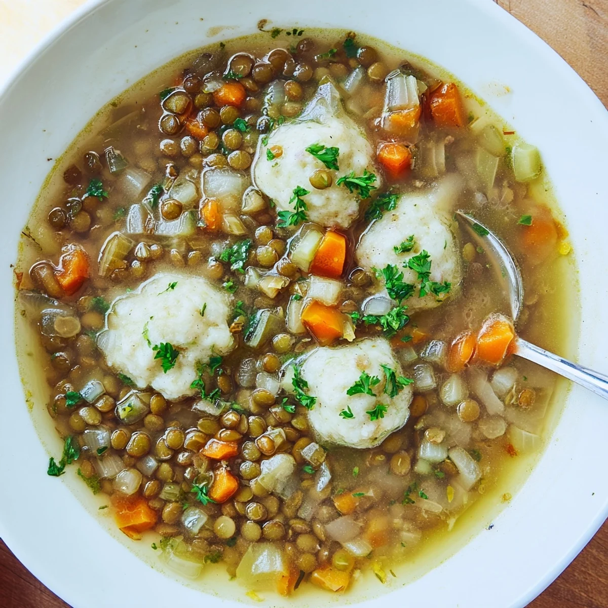 Hearty lentils with dumplings featuring tender brown legumes topped with golden baked biscuit toppings