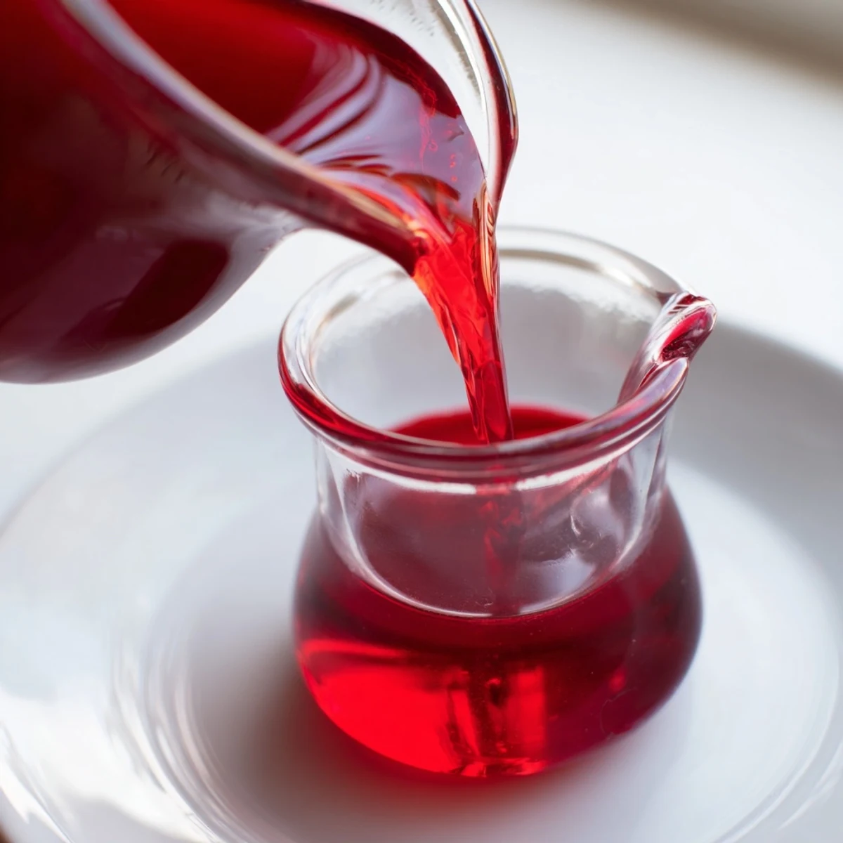 Rich red cranberry syrup drizzled onto vanilla ice cream with fresh berry garnish