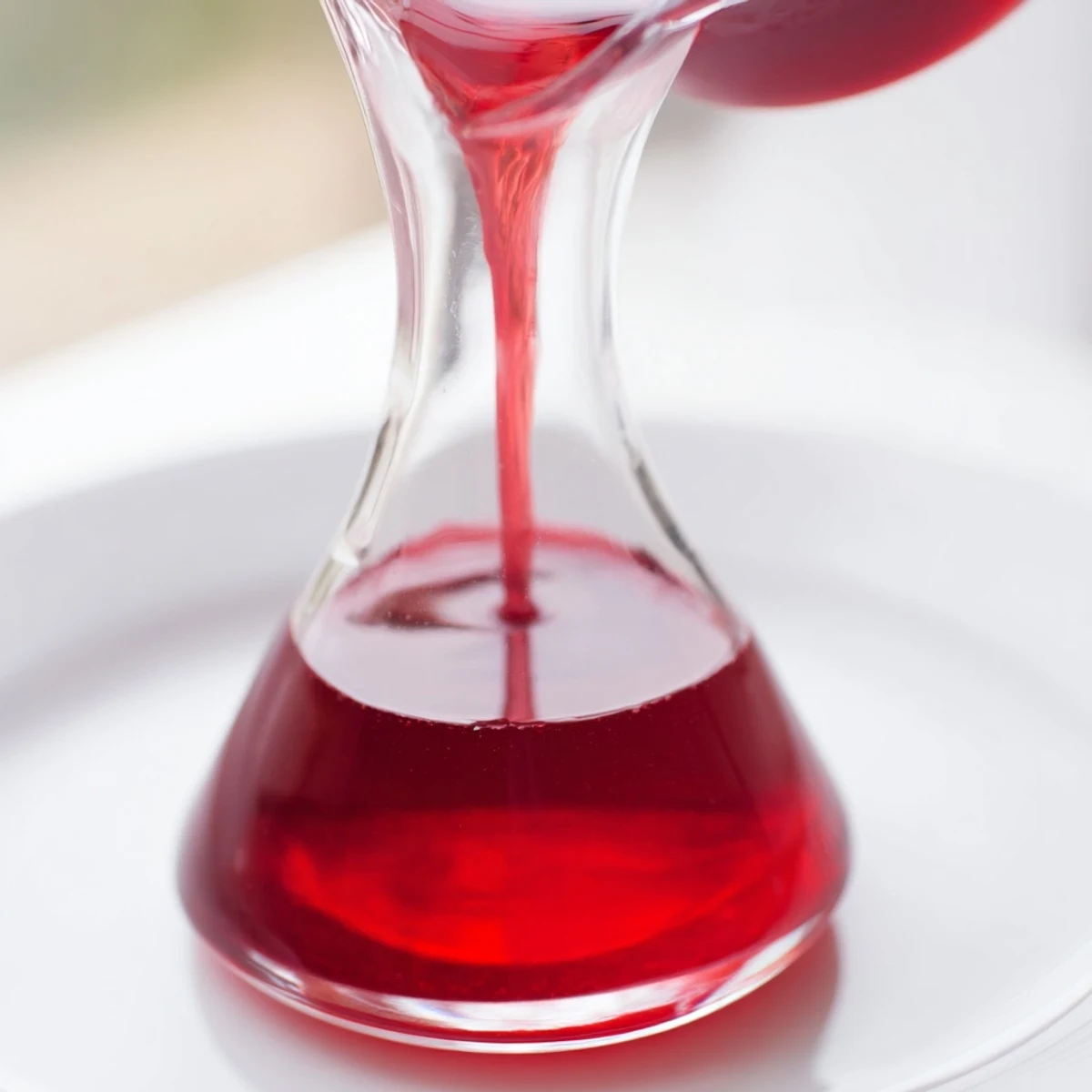 Glass jar filled with vibrant tart cranberry syrup topped with lemon slice