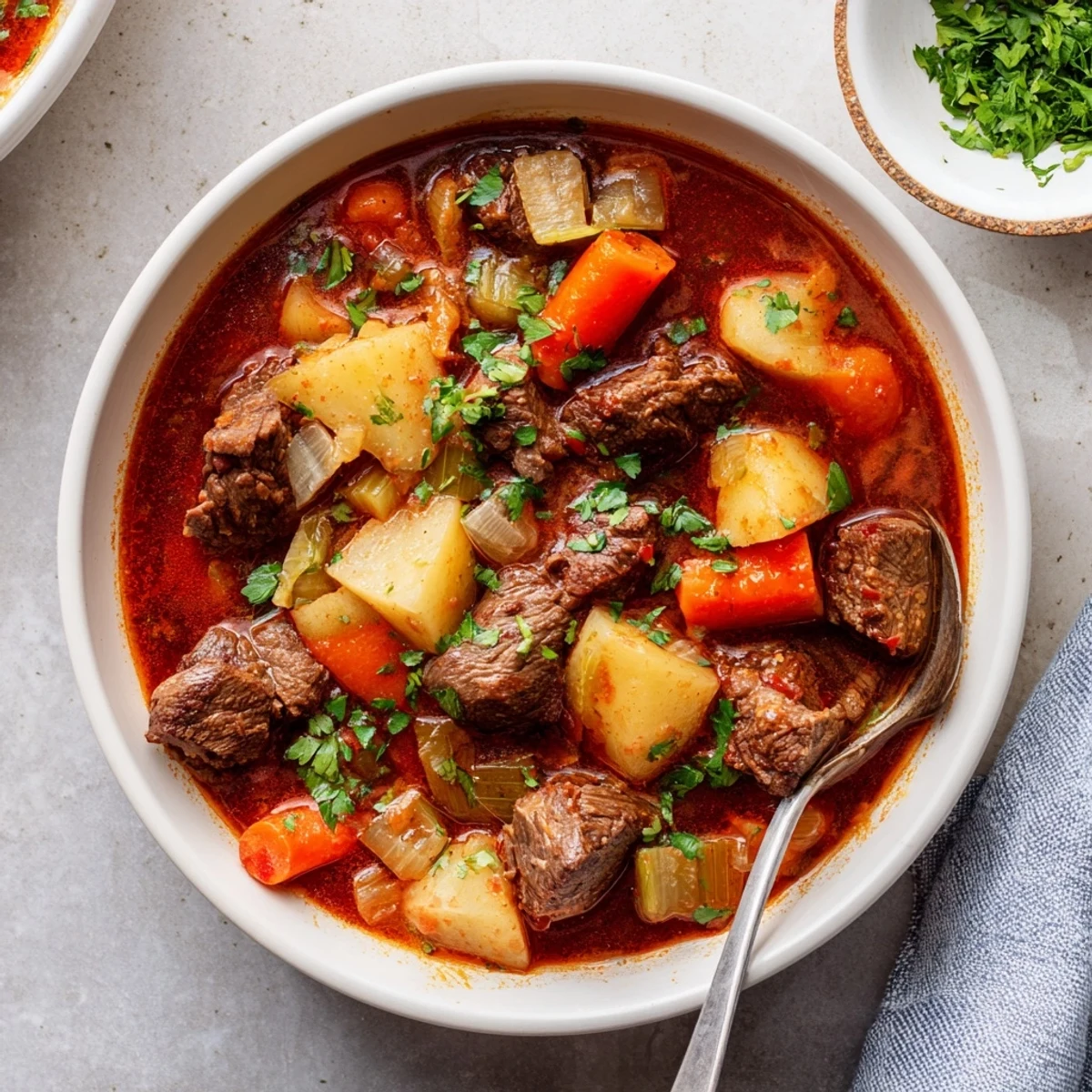 Bubbling pot of Italian beef stew filled with carrots, potatoes, and celery in hearty broth