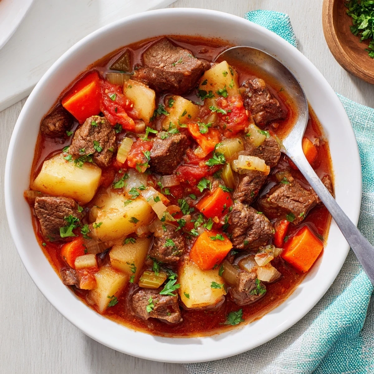Golden brown beef cubes slow-cooked with vegetables and herbs in traditional Spezzatino Di Manzo