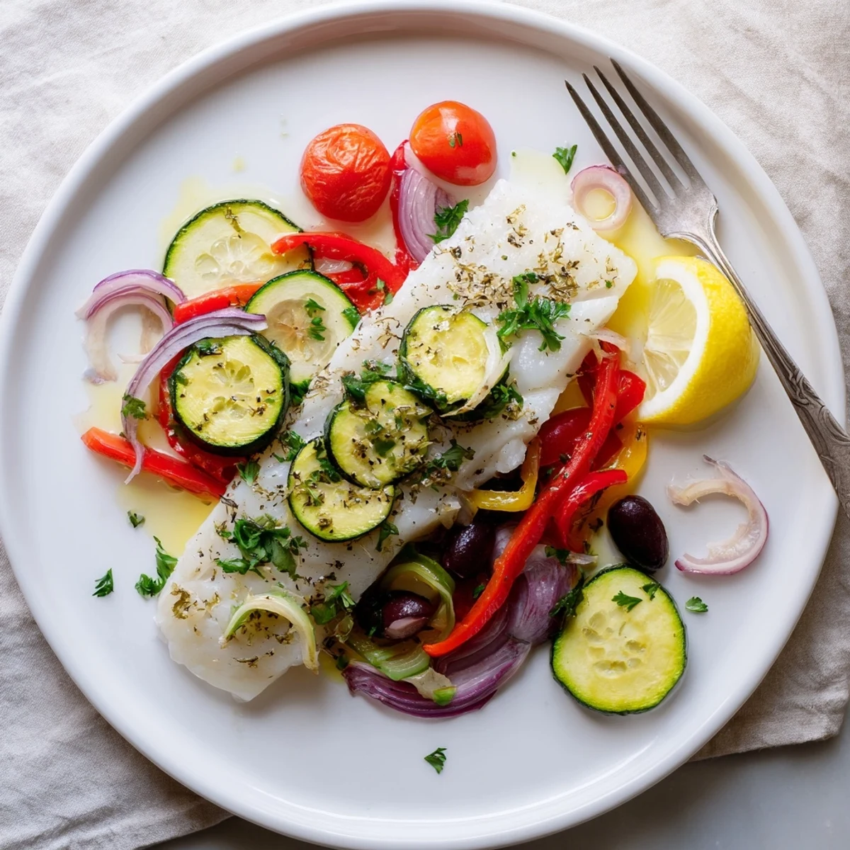 Air Fryer Mediterranean Cod In Parchment Paper steams flaky cod with roasted vegetables  